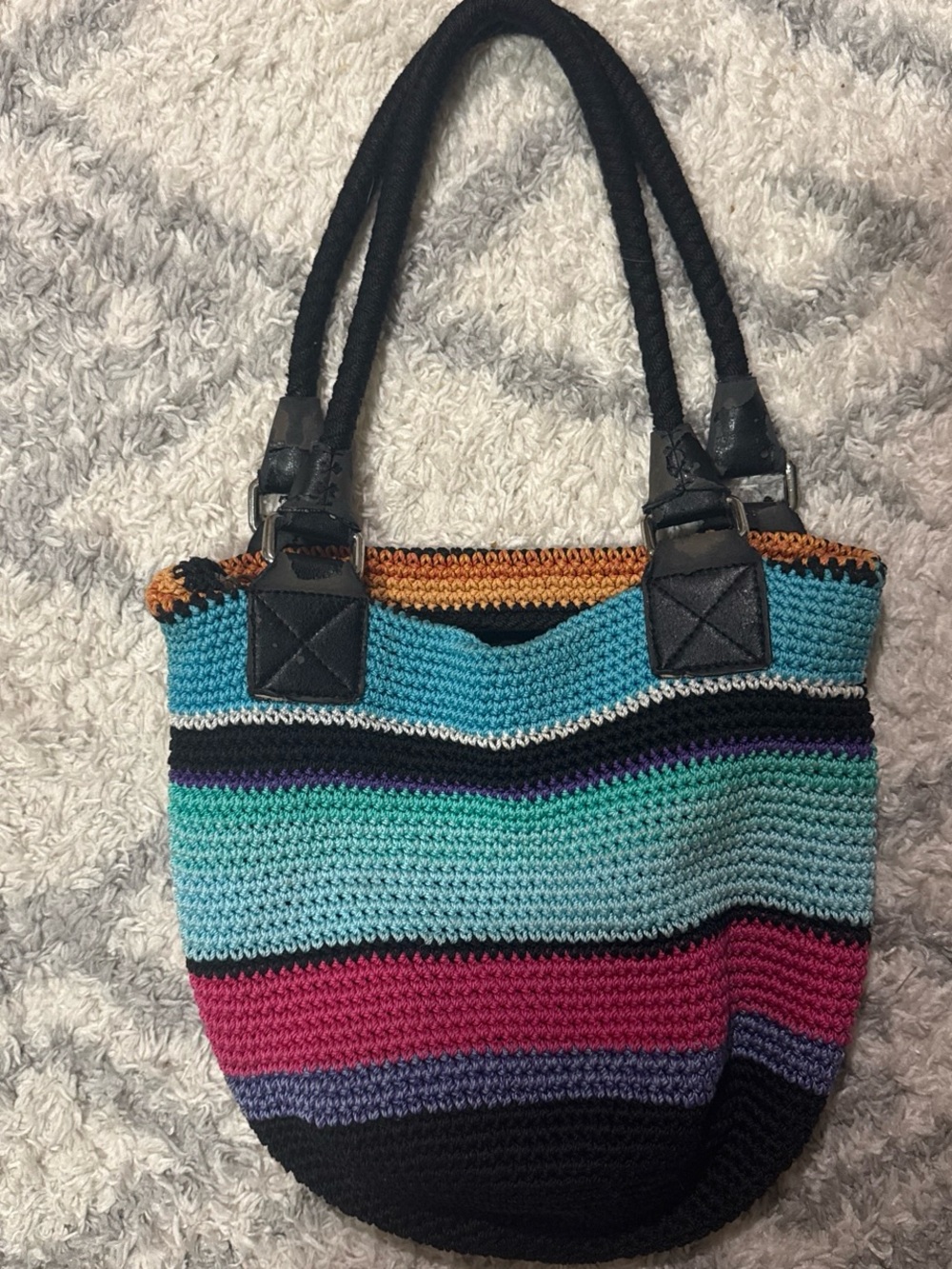 The Sak Crochet Stripe Tote in Teal, Pink and Black with Gold Accent